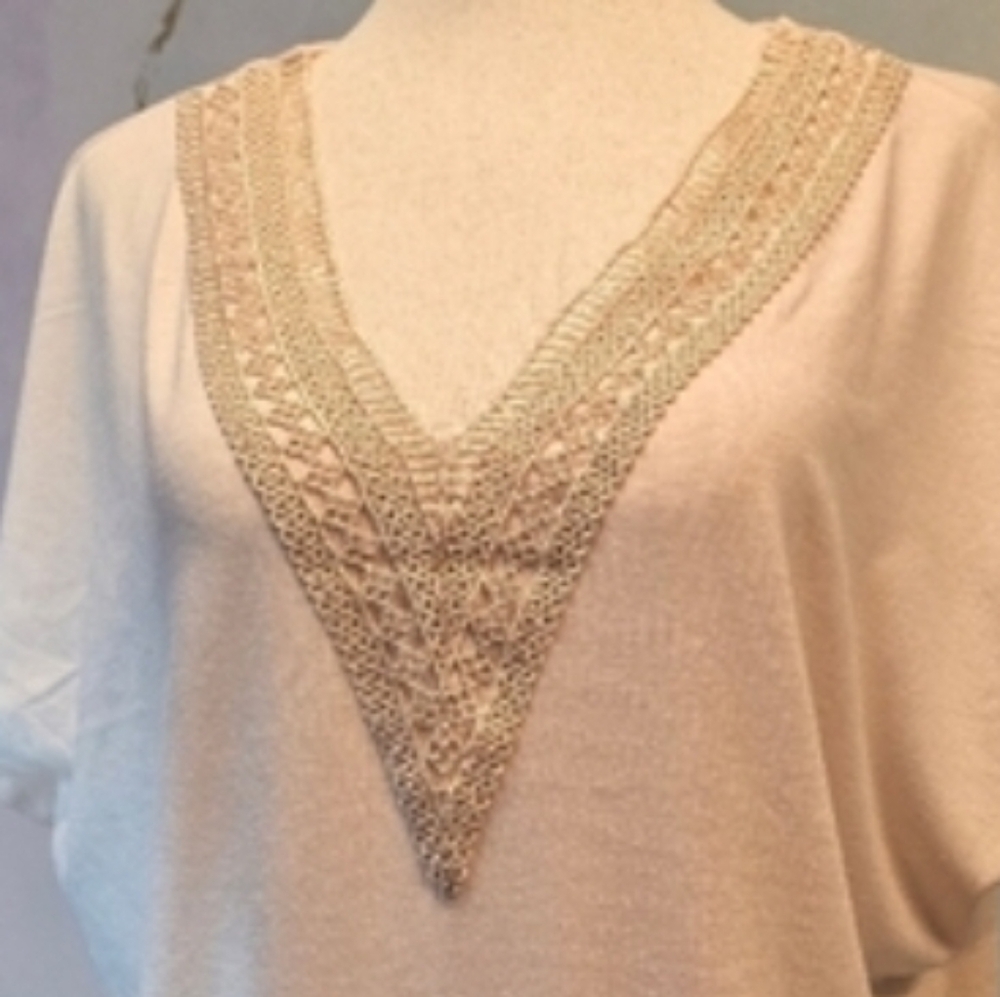 Boho Cream Ivory White Crochet V-Neck Dolman Short Sleeve Top NWOT M